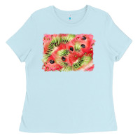 Baby Blue watermelon strawberry kiwi background Ladies Tee - BarkalooDesign