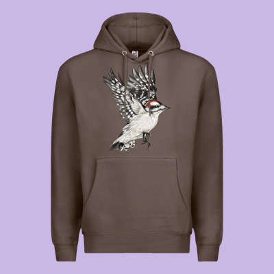 Flying Downy Woodpecker Premium Hoodie Designed By Lillyallendesigns
