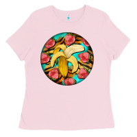 Bubblegum Pink banana and strawberries with tiger pattern Ladies Tee - BarkalooDesign