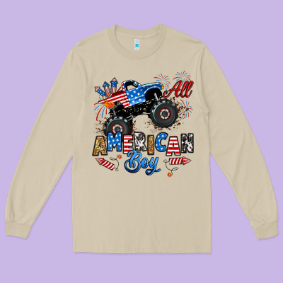 Long Sleeve Tee fourth of july monster truck all american boy