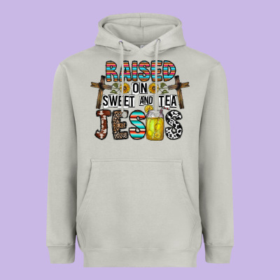 Raised On Sweet And Tea Jesus Heavyweight Hoodie Designed By Cowhidedigitalart