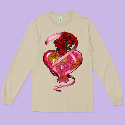 Long Sleeve Tee heart glass vase love tickets with rose
