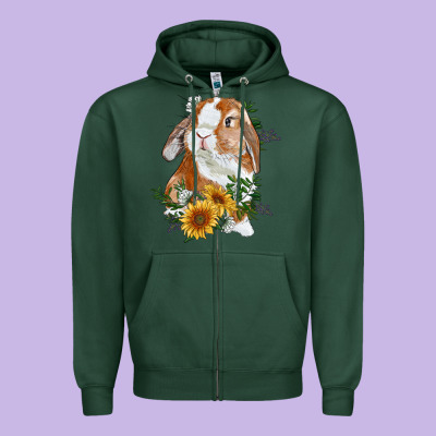 Bunny With Sunflowers Zipper Hoodie Designed By Ranaportraitstore