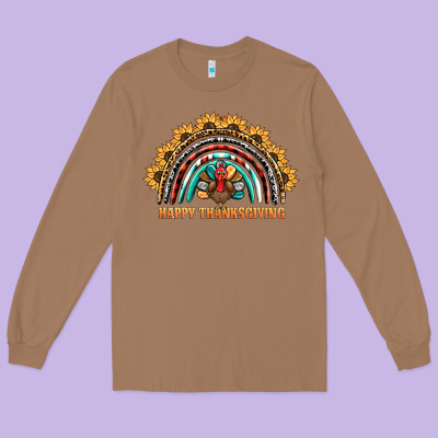 Happy Thanksgiving Rainbow Long Sleeve Tee Designed By Barkaloodesign