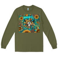 Army Green bull skull sunflowers Long Sleeve Tee - RanaPortraitStore