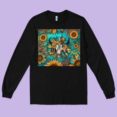 Long Sleeve Tee bull skull sunflowers