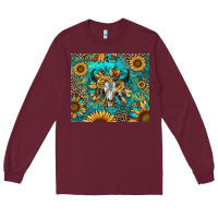 Burgundy bull skull sunflowers Long Sleeve Tee - RanaPortraitStore