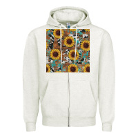 Oatmeal Heather western sunflowers turquoise cowhide seamless background Zipper Hoodie - RanaPortraitStore