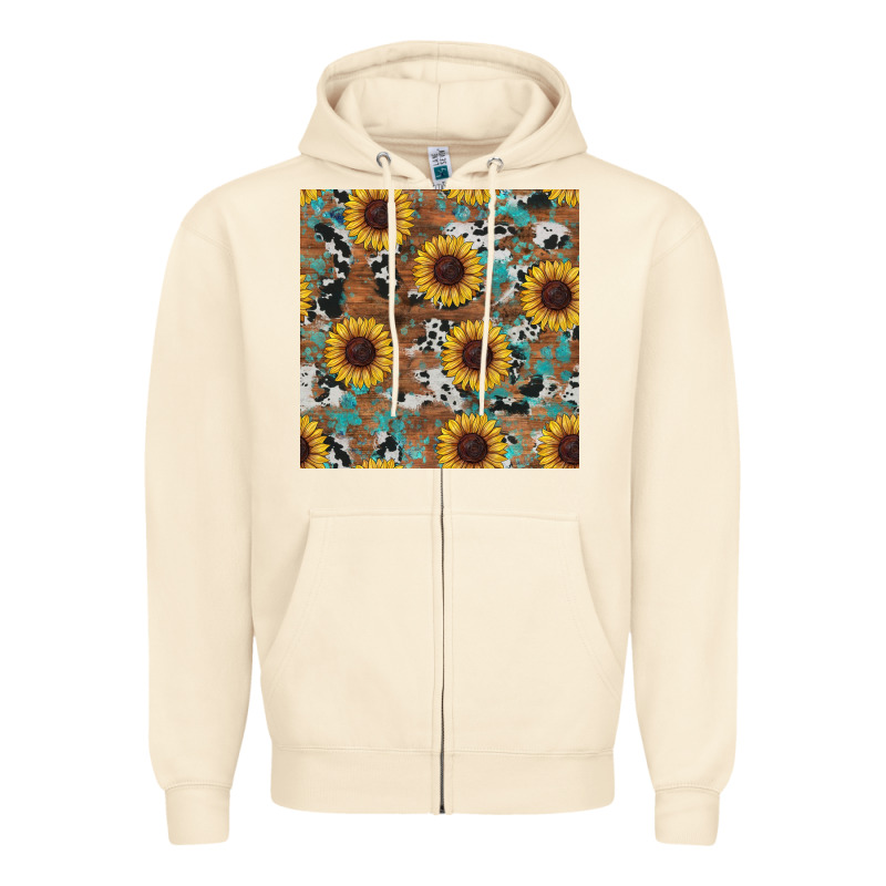 Western Sunflowers Turquoise Cowhide Seamless Background Zipper Hoodie by RanaPortraitStore | Teevron