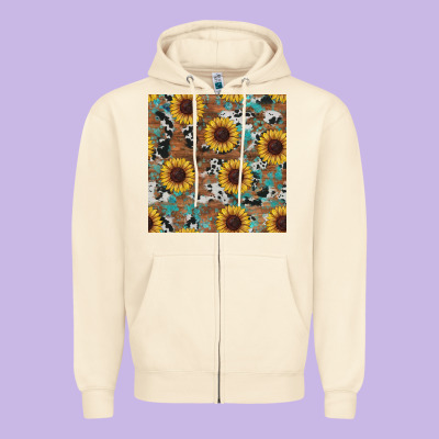 Western Sunflowers Turquoise Cowhide Seamless Background Zipper Hoodie Designed By Ranaportraitstore