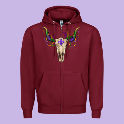 Mardi Gras Bullskull Zipper Hoodie Designed By Ranaportraitstore
