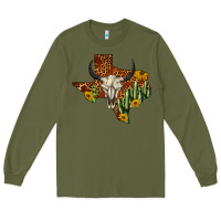 Army Green bull skull texas map western Long Sleeve Tee - BarkalooDesign