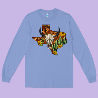 Bull Skull Texas Map Western Long Sleeve Tee Designed By Barkaloodesign