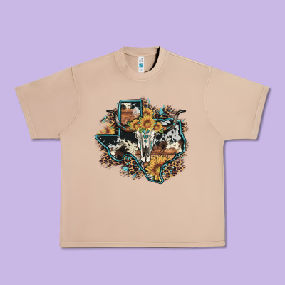 Bull Skull Leopard Cowhide Sunflower Texas Map Urban Heavy Tee Designed By Artiststas