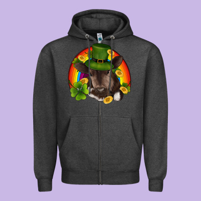 St Patricks Day Baby Cow Shamrock Rainbow Gold Zipper Hoodie Designed By Ranaportraitstore