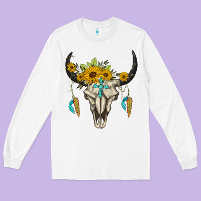 Bull Skull Western Long Sleeve Tee Designed By Barkaloodesign