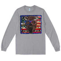 Heather Grey bison with american flag Long Sleeve Tee - RanaPortraitStore