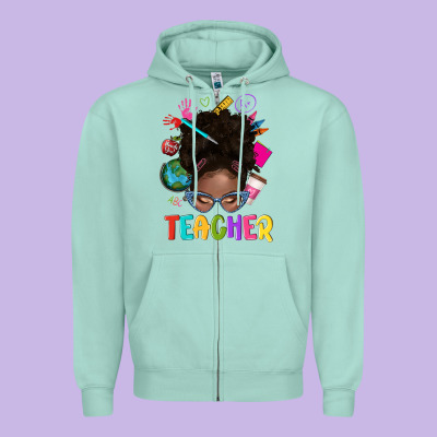 Teacher Afro Messy Bun Zipper Hoodie Designed By Texasbilliewilder