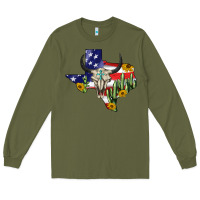 Army Green bull skull texas map american playng Long Sleeve Tee - BarkalooDesign