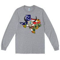 Heather Grey bull skull texas map american playng Long Sleeve Tee - BarkalooDesign
