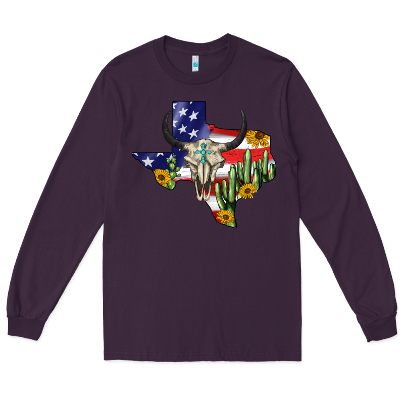 Bull Skull Texas Map American Playng Long Sleeve Tee by BarkalooDesign | Teevron