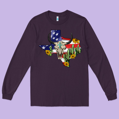 Bull Skull Texas Map American Playng Long Sleeve Tee Designed By Barkaloodesign