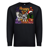 Black Happy Hallothanksmas Cats Premium Sweatshirt - BundleAndBundleShop