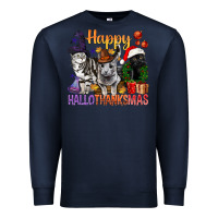 Navy Happy Hallothanksmas Cats Premium Sweatshirt - BundleAndBundleShop