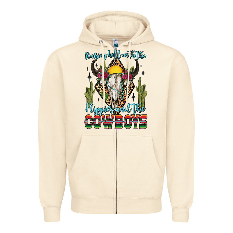 Raising Hell With The Hippies And The Cowboys Zipper Hoodie by Zillion Design Studio | Teevron