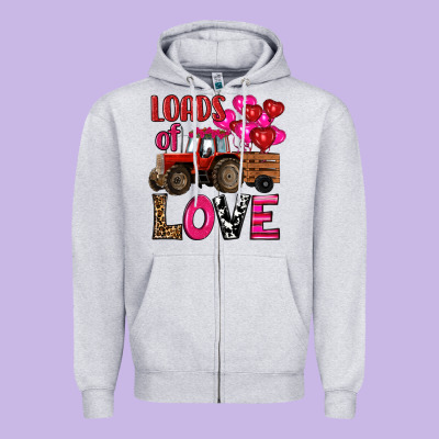 Zipper Hoodie valentine's day loads of love tractor with pin heart balloons
