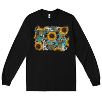 Black western sunflowers turquoise cowhide background Long Sleeve Tee - RanaPortraitStore