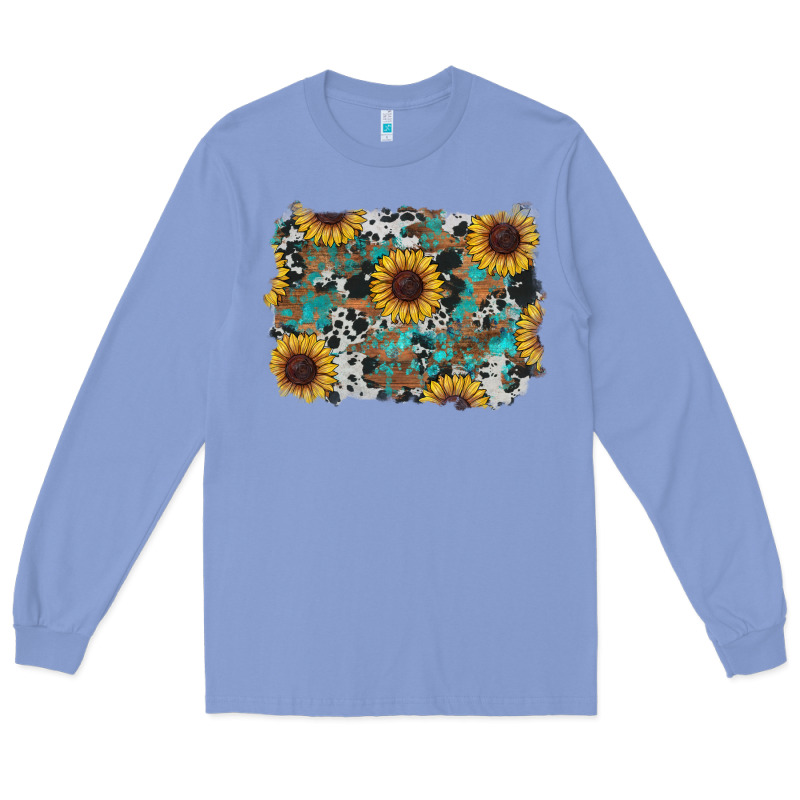 Western Sunflowers Turquoise Cowhide Background Long Sleeve Tee by RanaPortraitStore | Teevron