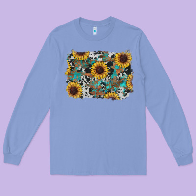 Long Sleeve Tee western sunflowers turquoise cowhide background