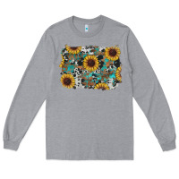 Heather Grey western sunflowers turquoise cowhide background Long Sleeve Tee - RanaPortraitStore