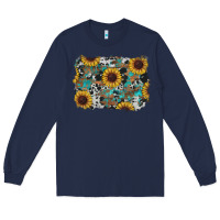 Navy western sunflowers turquoise cowhide background Long Sleeve Tee - RanaPortraitStore