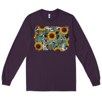 Plum western sunflowers turquoise cowhide background Long Sleeve Tee - RanaPortraitStore