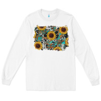 White western sunflowers turquoise cowhide background Long Sleeve Tee - RanaPortraitStore