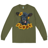 Army Green black angus calf with sunflowers Long Sleeve Tee - RanaPortraitStore