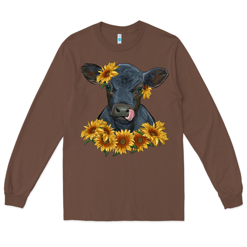 Black Angus Calf With Sunflowers Long Sleeve Tee by RanaPortraitStore | Teevron