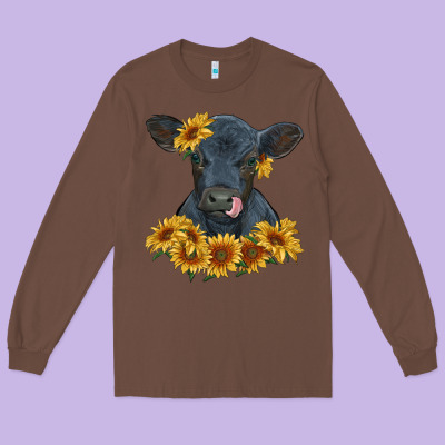 Long Sleeve Tee black angus calf with sunflowers
