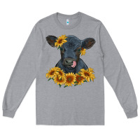 Heather Grey black angus calf with sunflowers Long Sleeve Tee - RanaPortraitStore