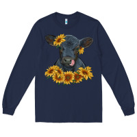 Navy black angus calf with sunflowers Long Sleeve Tee - RanaPortraitStore