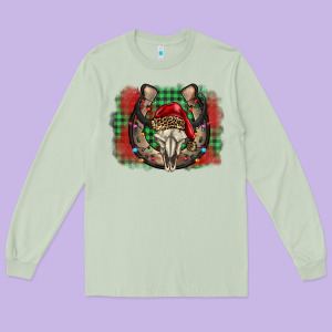 Christmas Horseshoe Bull Skull Long Sleeve Tee Designed By Barkaloodesign