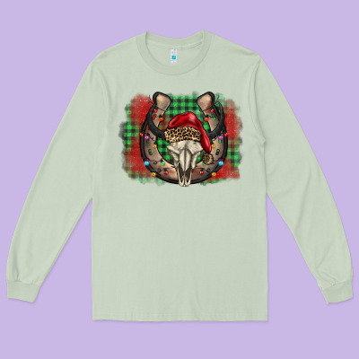 Christmas Horseshoe Bull Skull Long Sleeve Tee Designed By Barkaloodesign