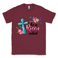 Burgundy He Is Risen Indeed Cross And Flowers Classic Tee - RanaPortraitStore
