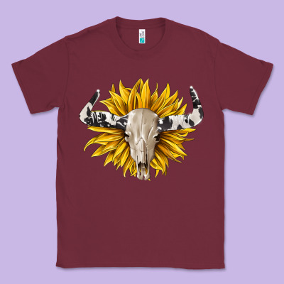 Cowhide Bull Skull And Sunflower Classic Tee Designed By Barkaloodesign