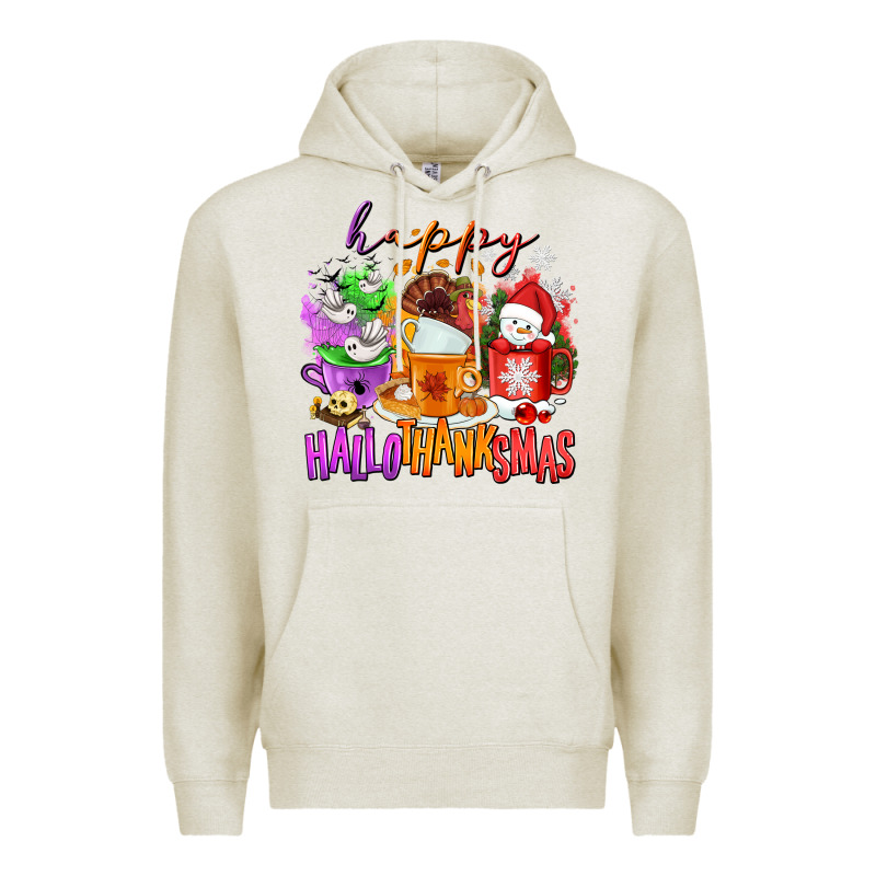 Happy Hallothanksmas Coffee Cups Premium Hoodie by NancyCooperArtShop | Teevron