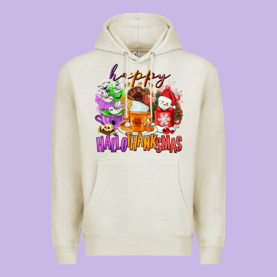 Happy Hallothanksmas Coffee Cups Premium Hoodie Designed By Nancycooperartshop