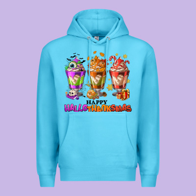 Happy Hallothanksmas Coffee Cups Premium Hoodie Designed By Nancycooperartshop