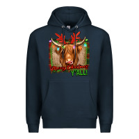 Navy merry christmas y'all highland cow Premium Hoodie - Jasminsmagicworld